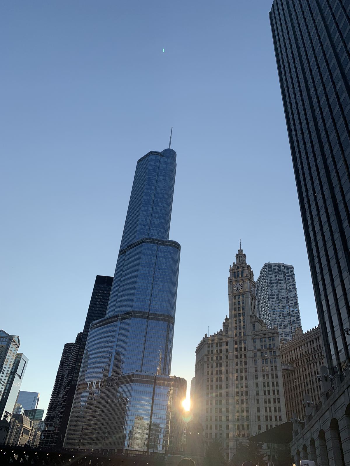 Trump International Hotel and Tower and the Wrigley Building seen from below in daylight