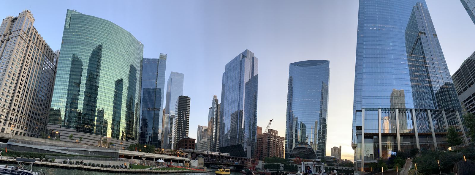 Panorama of skyscrapers along the Chicago River in the sunset light