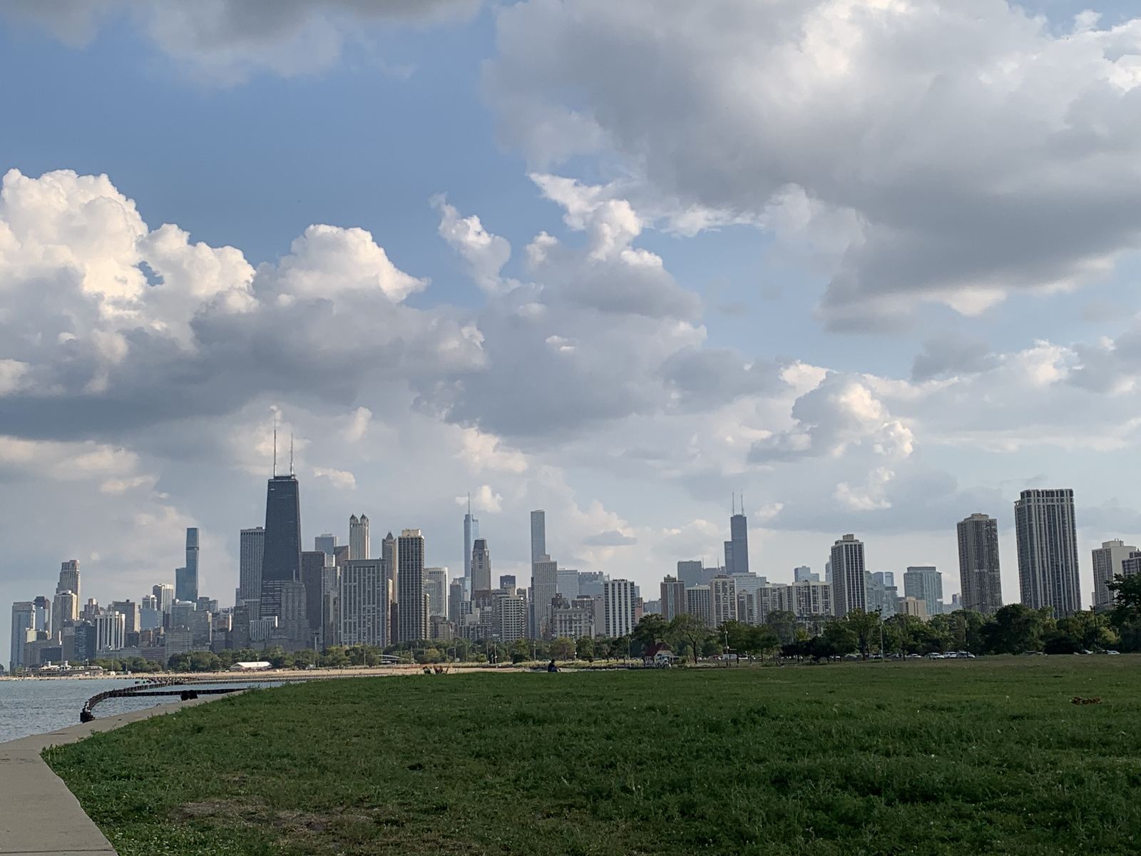 Chicago skyline seen from Lincoln Park, across the lawn toward Lake Michigan