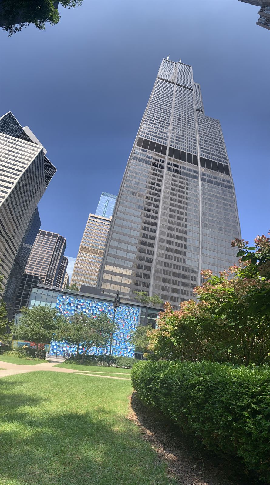 Willis Tower, seen from the lawn of Millennium Park looking up